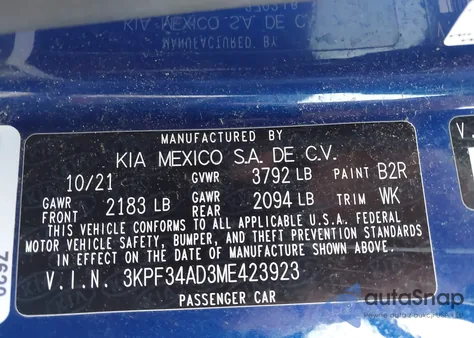 2021 Kia Forte Gt-Line из США, поврежденный, VIN 3KPF34AD3ME423923